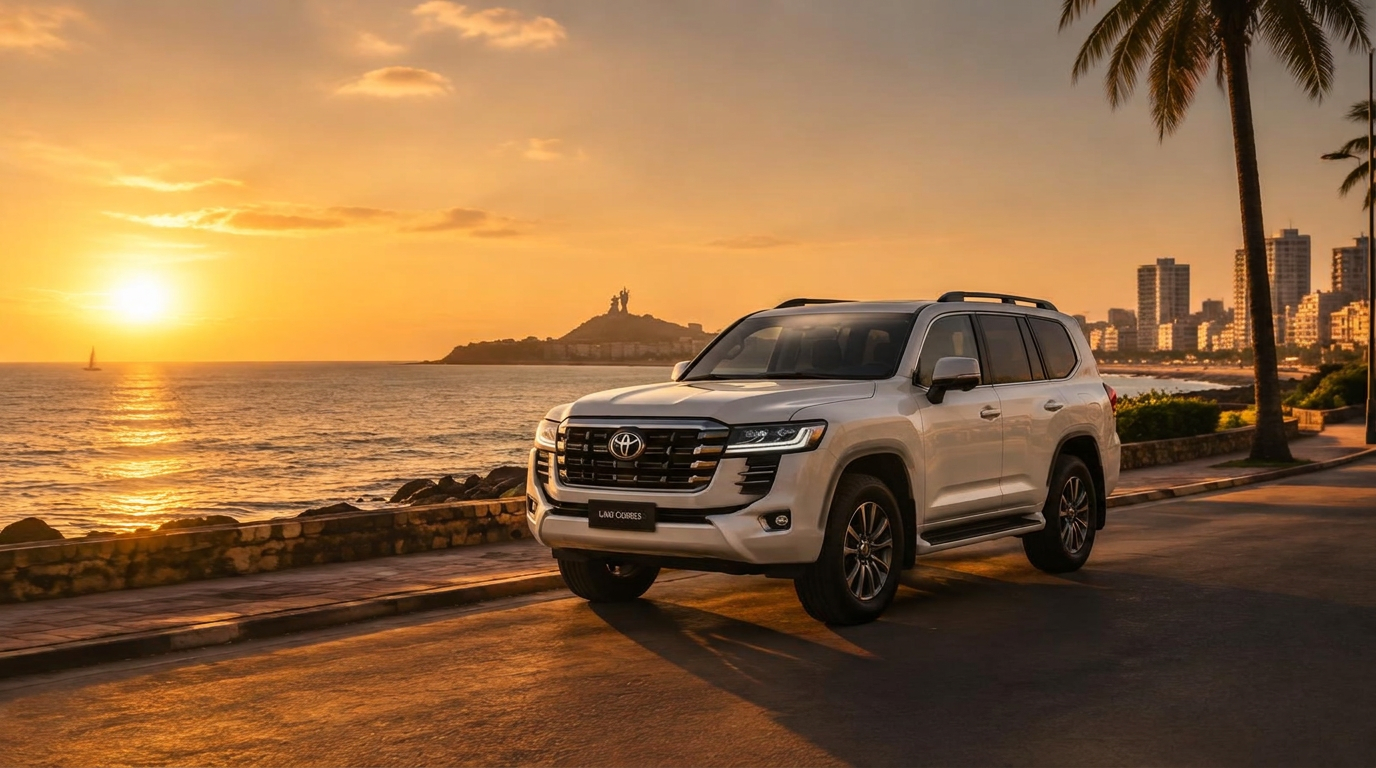 SUV blanc sur la corniche de Dakar au coucher du soleil